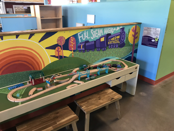 A large wooden train set